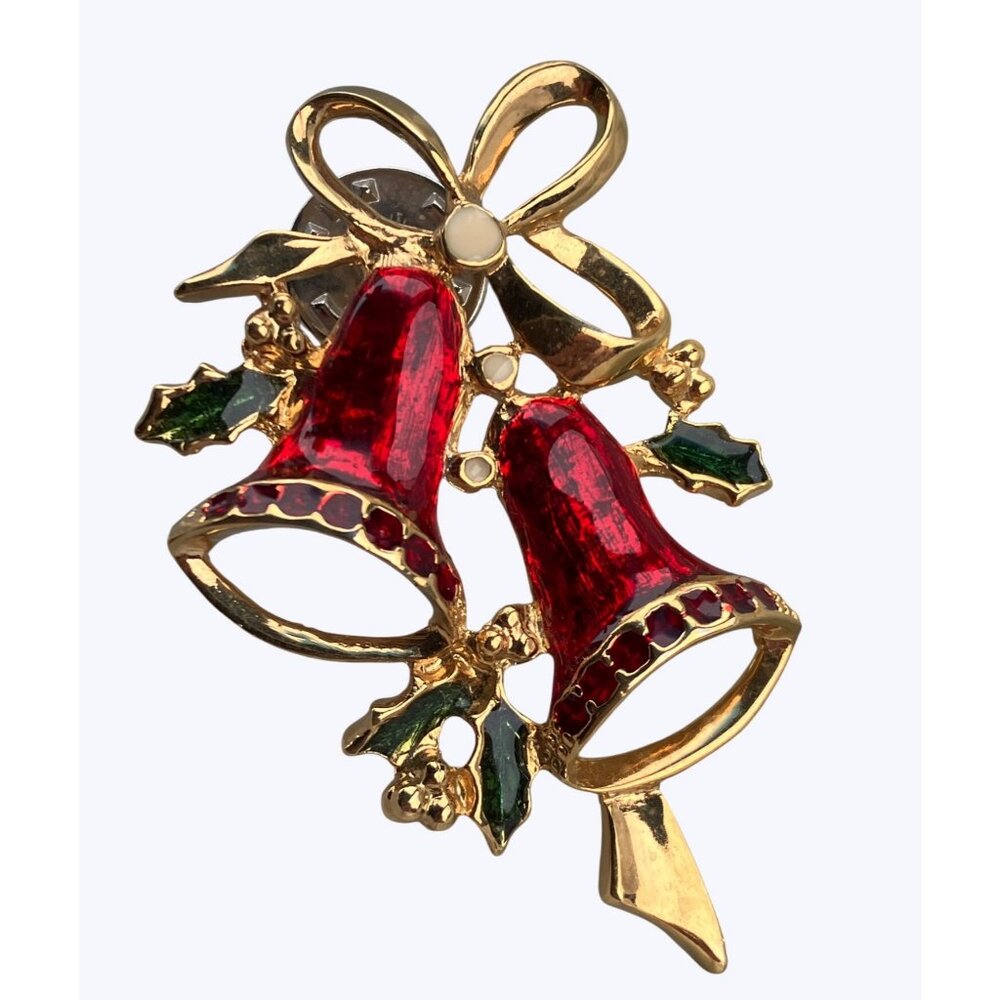 Vintage Gold-Tone Red Enamel Christmas Bell Brooch With Holly  Bow Pin Jewelry